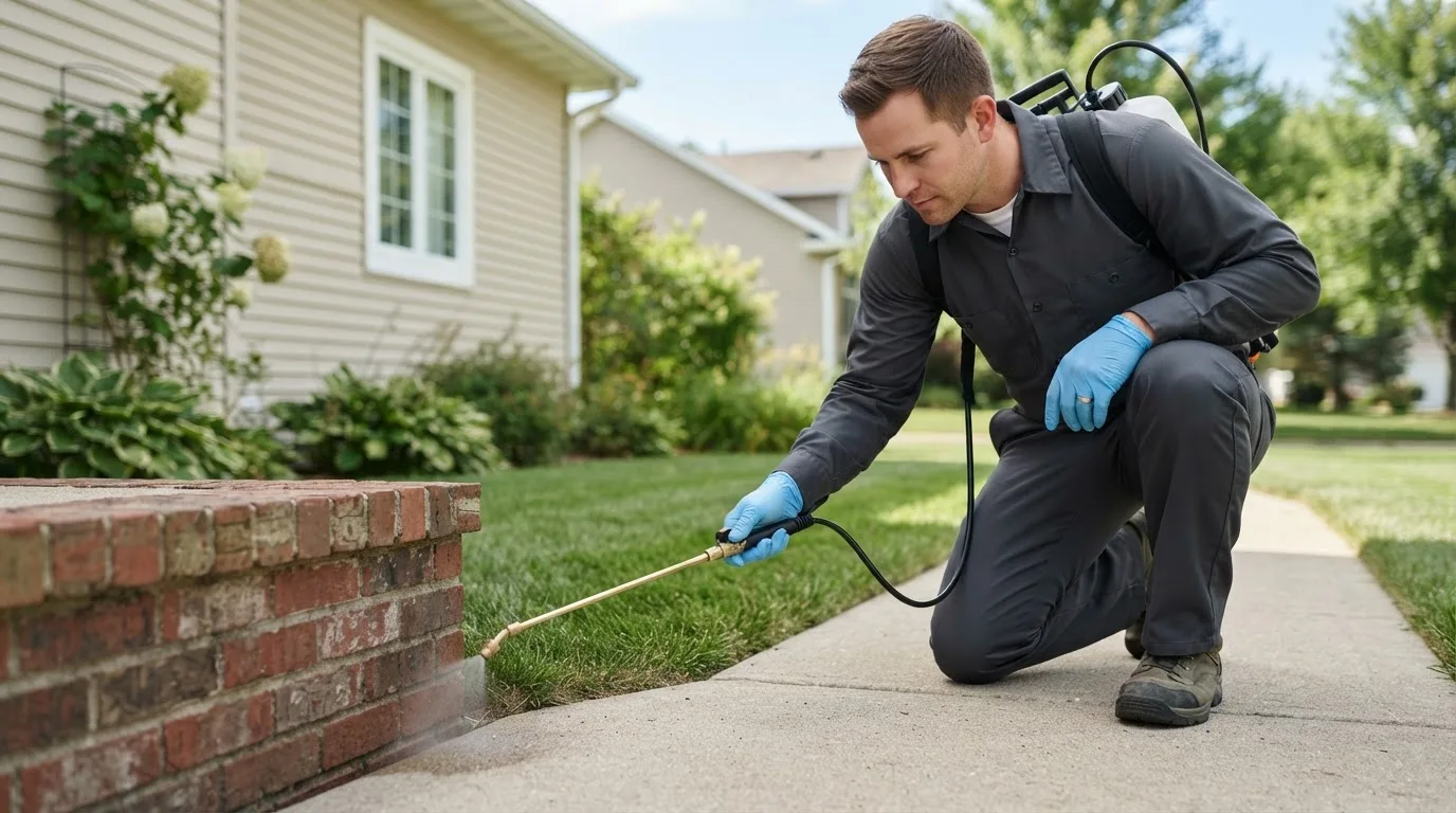 Pest control technician treating a home near Collinsville, IL