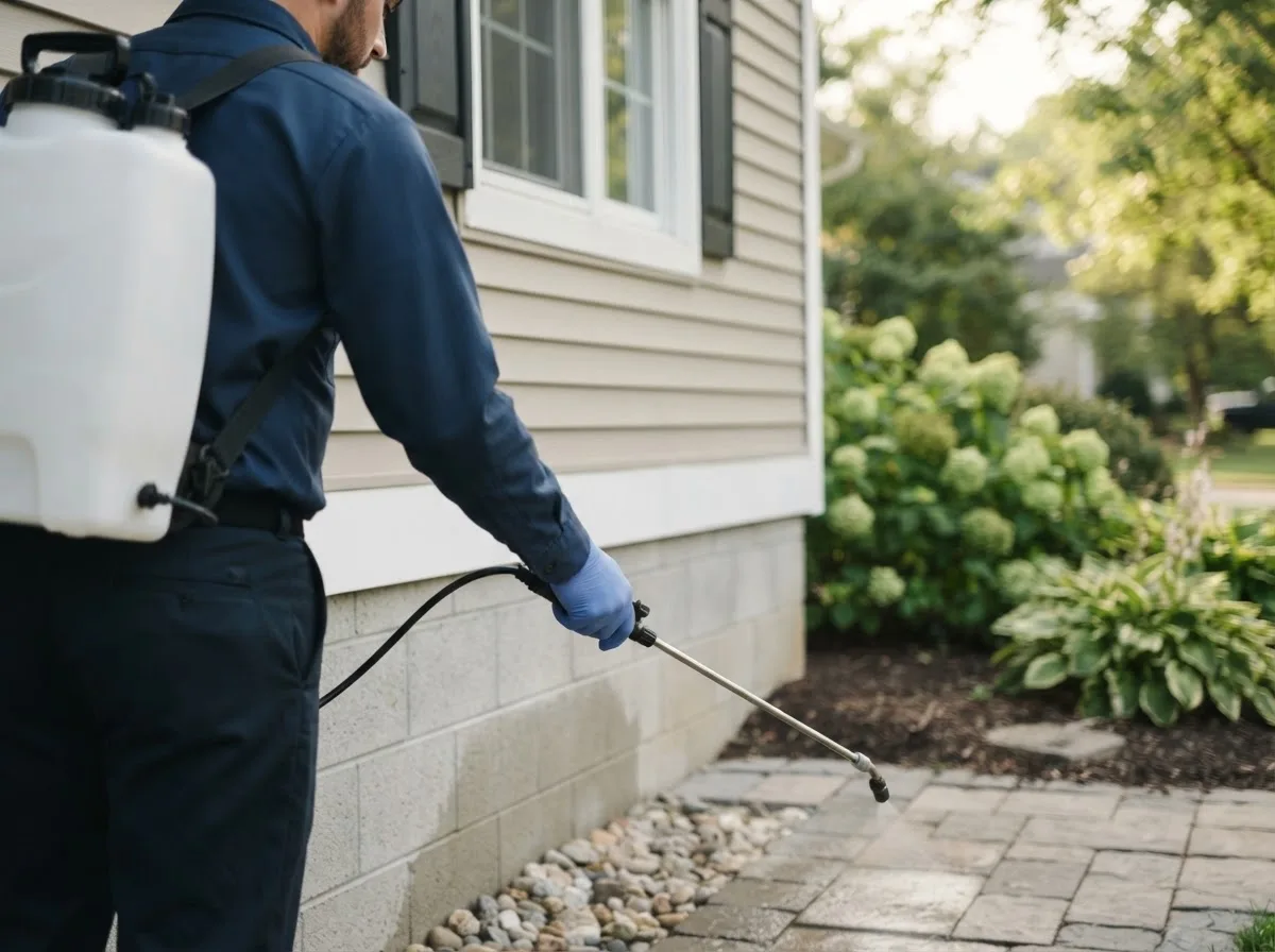 Pest control technician inspecting a home in Collinsville, IL